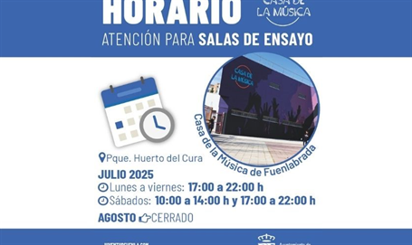Horario de julio y agosto de 2025 de atención para salas de ensayo en la Casa de la Música